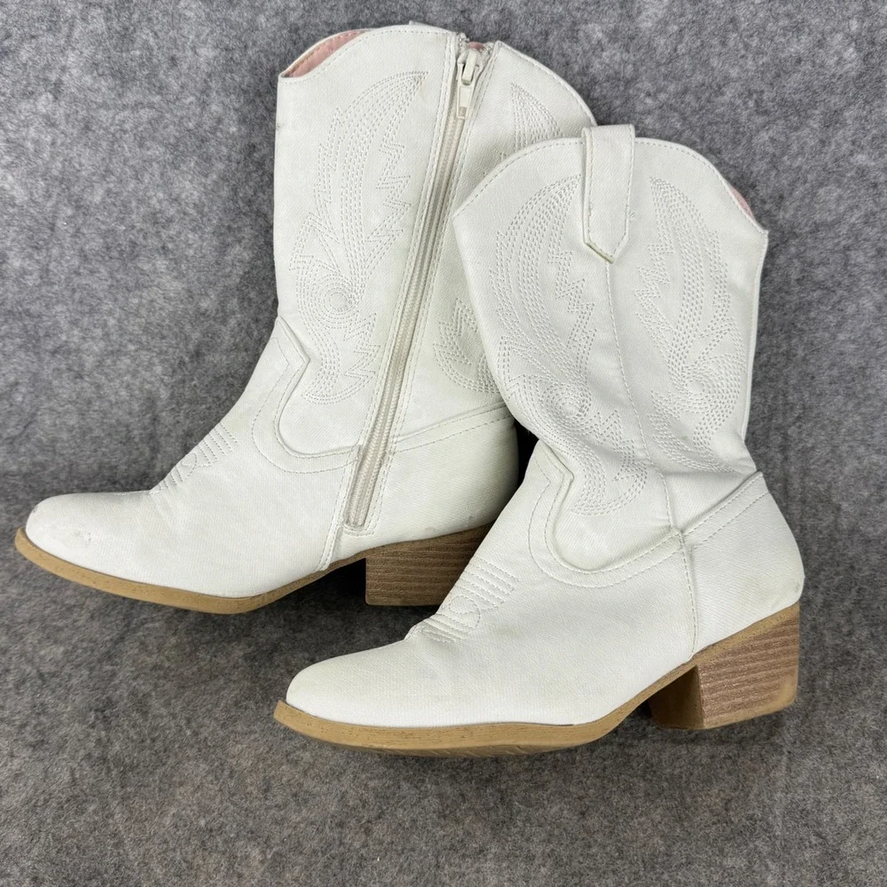 Kids White Western Cowboy Boots Faux Leather Side Zip Size 1M